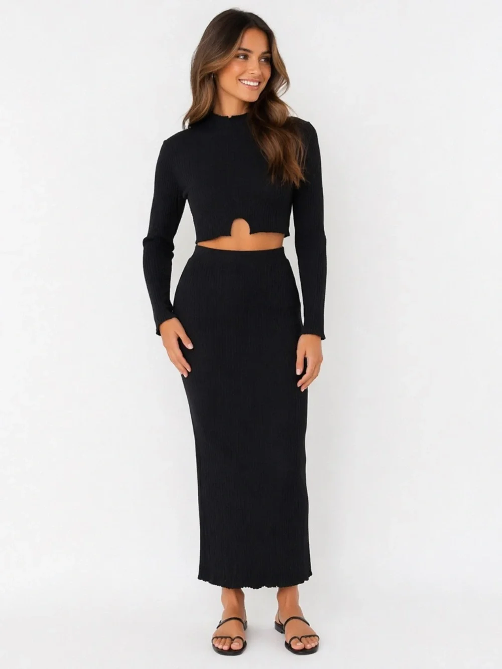 Free People/Are You Am I Black Ribbed Maxi Skirt Set